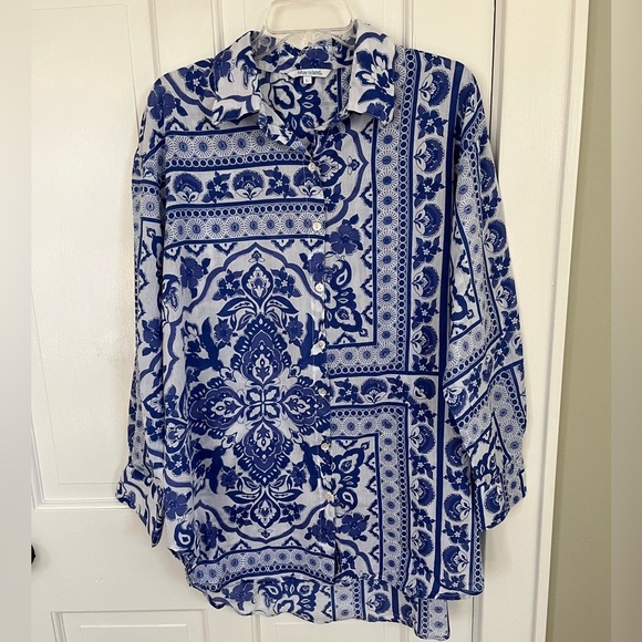 Blue Island Swim Cover Up Button Down Shirt Tunic Blue White Print 100% Cotton L - Picture 1 of 14